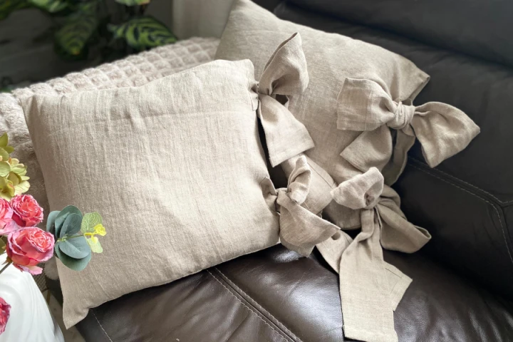 Komplet Poszewek Dekoracyjnych Lnianych - 40x40 cm, (2 szt. ) WSTĄŻKI