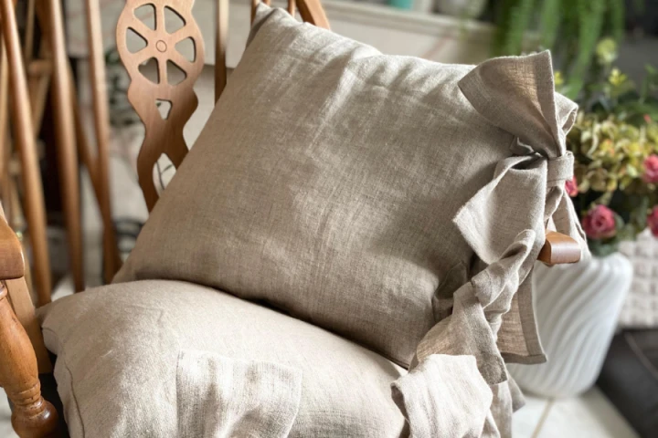 Komplet Poszewek Dekoracyjnych Lnianych - 40x40 cm, (2 szt. ) WSTĄŻKI