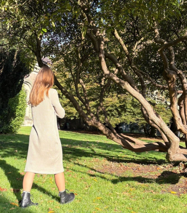 Suknia Lniana DZIANINOWA 100% LEN z półgolfem / rozmiar UNIWERSALNY