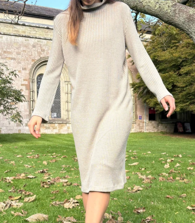 Suknia Lniana DZIANINOWA 100% LEN z półgolfem / rozmiar UNIWERSALNY