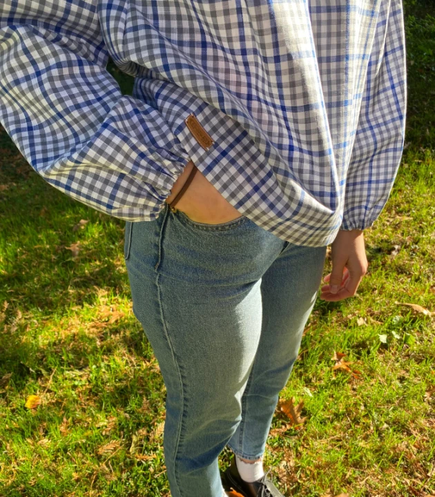 BLUZKA w kratkę WIĄZANA, lniano-bawełniana / rozmiar S/M