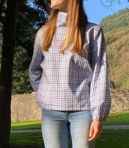 BLUZKA w kratkę WIĄZANA, lniano-bawełniana / rozmiar S/M