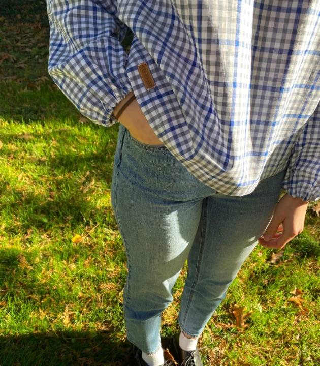 BLUZKA w kratkę WIĄZANA, lniano-bawełniana / rozmiar S/M