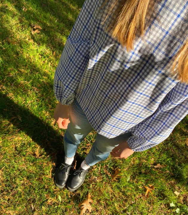 BLUZKA w kratkę WIĄZANA, lniano-bawełniana / rozmiar S/M