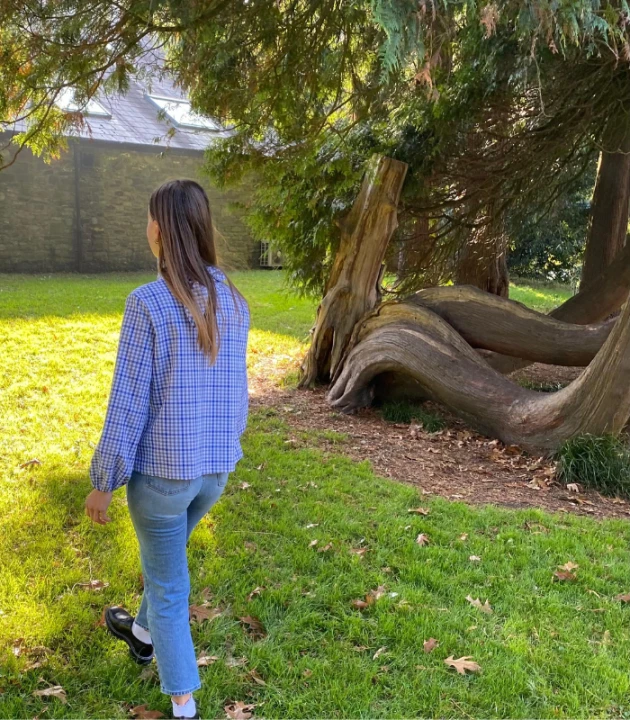 BLUZKA w kratkę WIĄZANA, lniano-bawełniana / rozmiar S/M