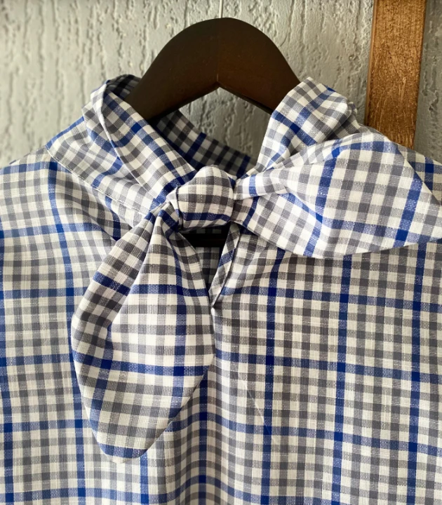 BLUZKA w kratkę WIĄZANA, lniano-bawełniana / rozmiar S/M