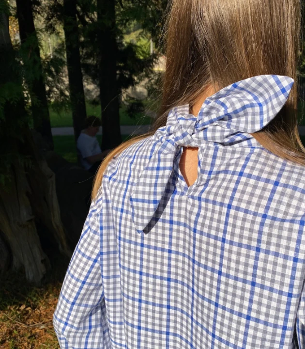 BLUZKA w kratkę WIĄZANA, lniano-bawełniana / rozmiar S/M