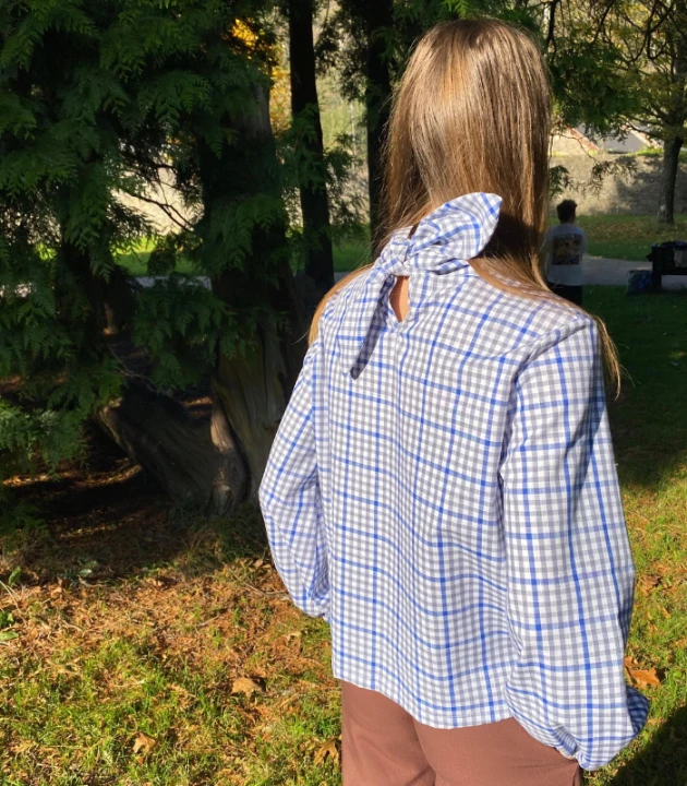 BLUZKA w kratkę WIĄZANA, lniano-bawełniana / rozmiar S/M