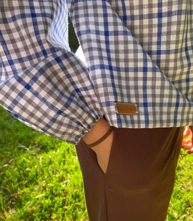 BLUZKA w kratkę WIĄZANA, lniano-bawełniana / rozmiar S/M