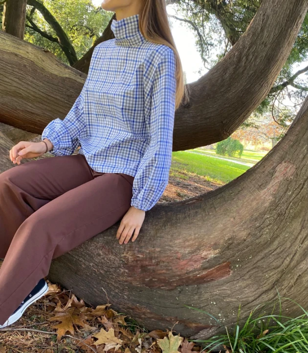 BLUZKA w kratkę WIĄZANA, lniano-bawełniana / rozmiar S/M