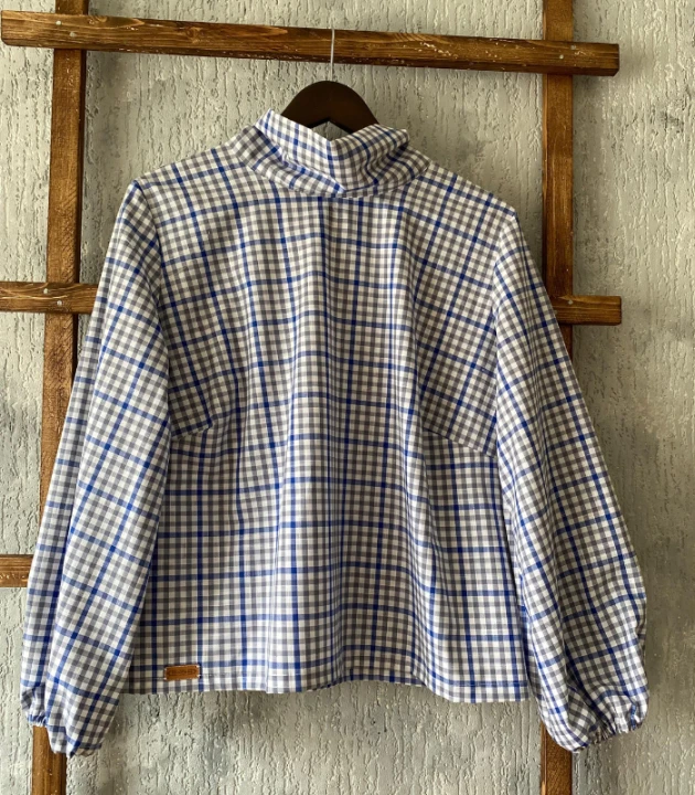 BLUZKA w kratkę WIĄZANA, lniano-bawełniana / rozmiar S/M