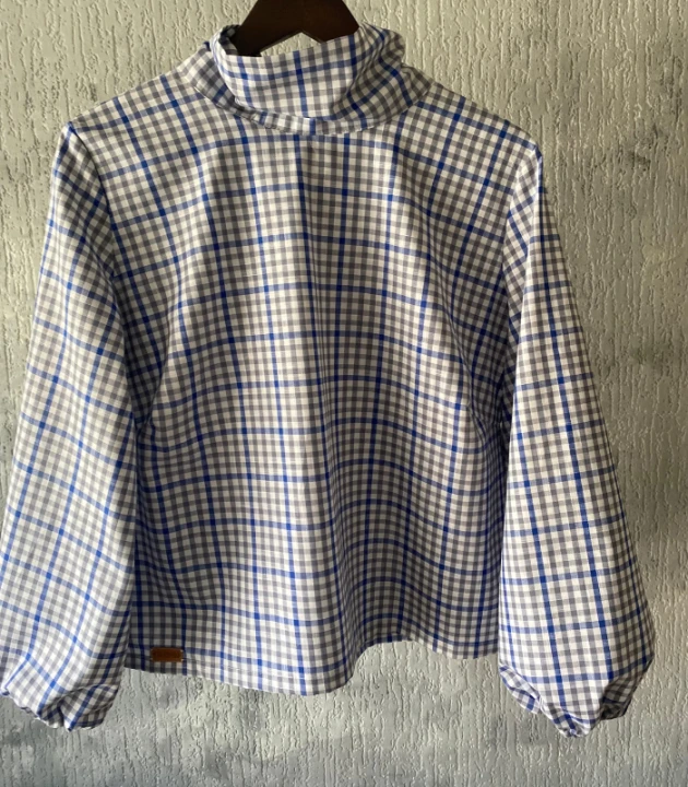 BLUZKA w kratkę WIĄZANA, lniano-bawełniana / rozmiar S/M