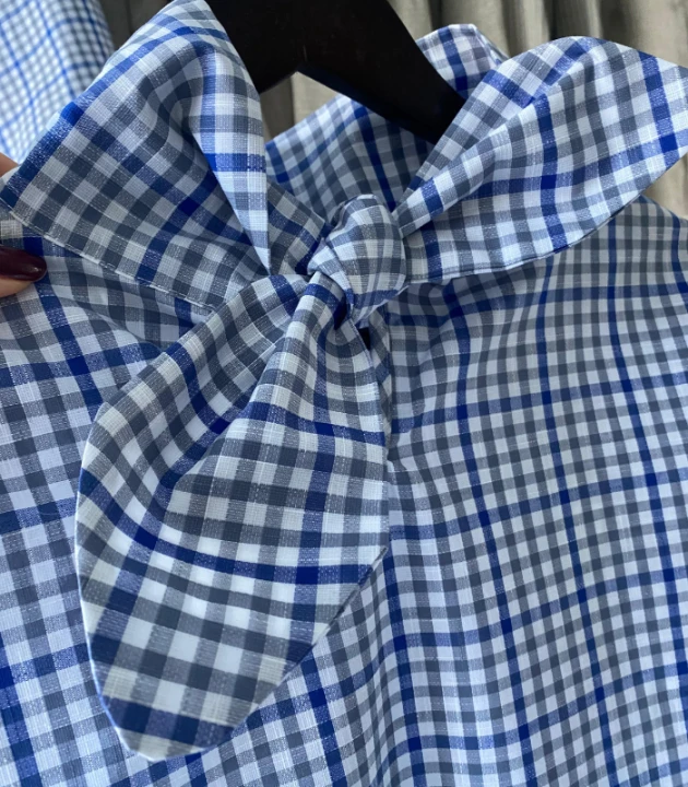 BLUZKA w kratkę WIĄZANA, lniano-bawełniana / rozmiar S/M