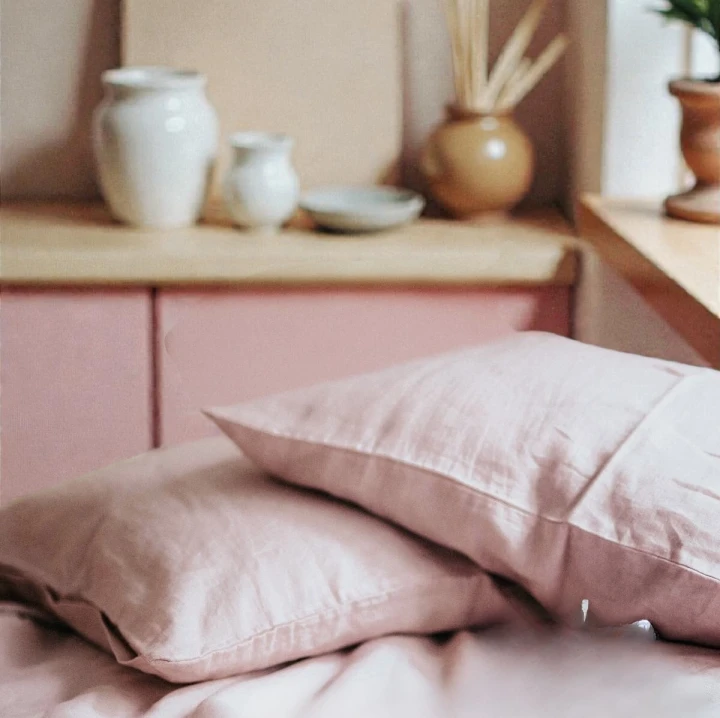 Lniana Poszewka na Poduszkę 50x60 cm / perłowy róż z szarą lamówką na zakładkę