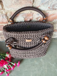 Torba pleciona z rączkami, brązowa, rękodzieło