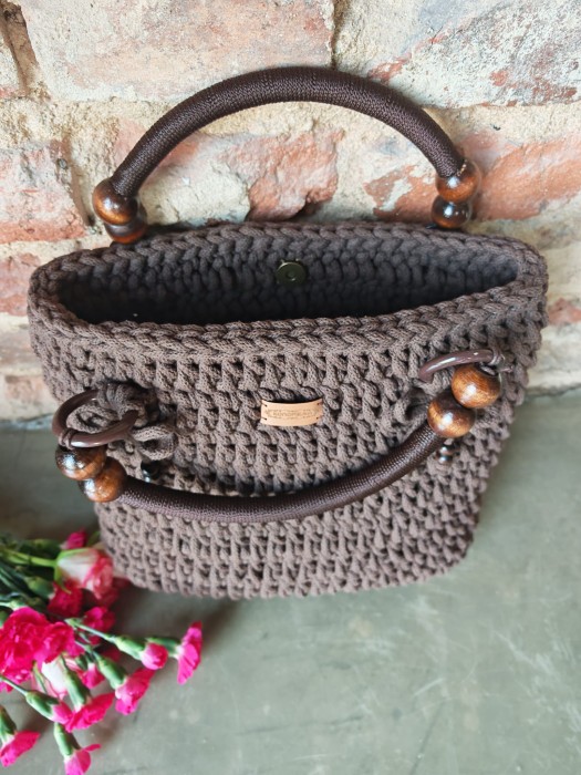 Torba pleciona z rączkami, brązowa, rękodzieło