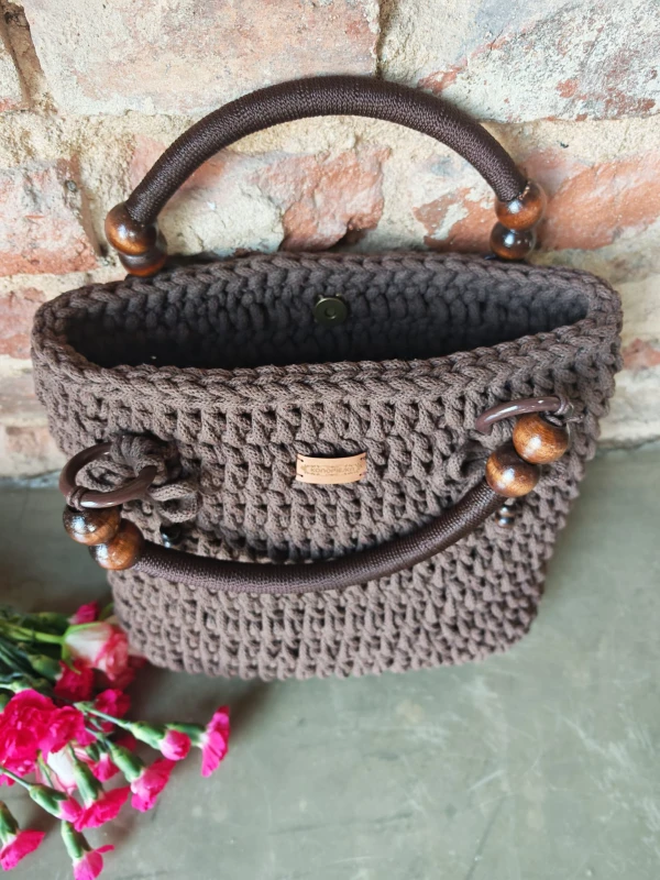 Torba pleciona z rączkami, brązowa, rękodzieło