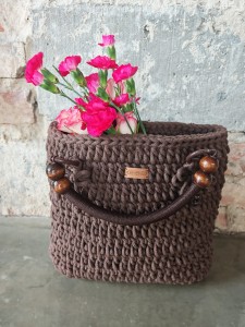 Torba pleciona z rączkami, brązowa, rękodzieło