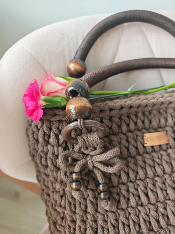 Torba pleciona z rączkami, brązowa, rękodzieło