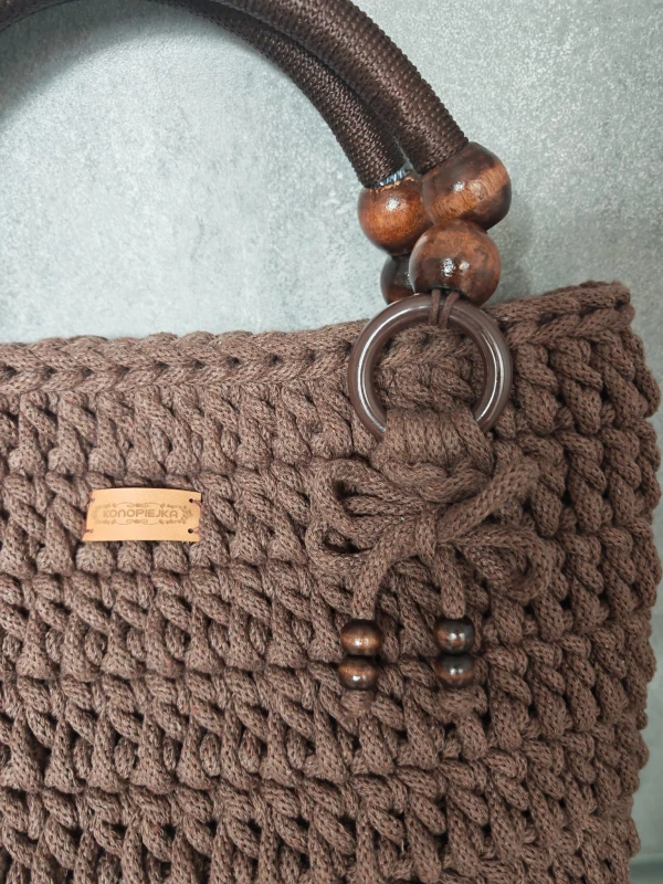 Torba pleciona z rączkami, brązowa, rękodzieło