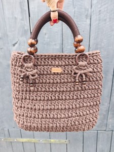 Torba pleciona z rączkami, brązowa, rękodzieło