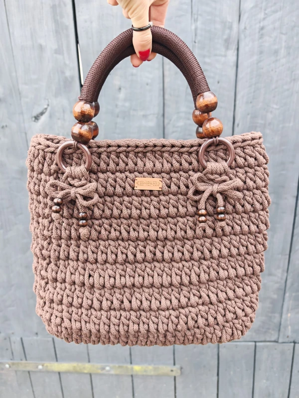Torba pleciona z rączkami, brązowa, rękodzieło