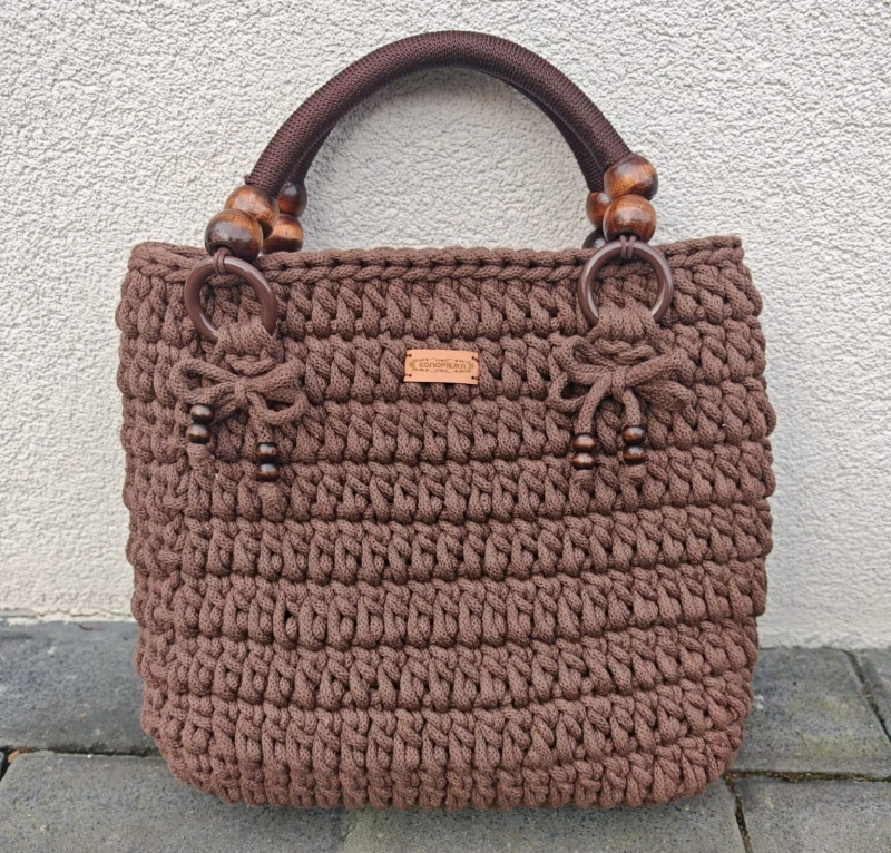 Torba pleciona z rączkami, brązowa, rękodzieło