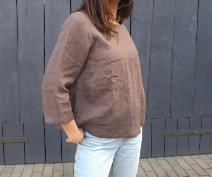 BLUZKA BASIC lniana z kieszonką, czekoladowy BRĄZ