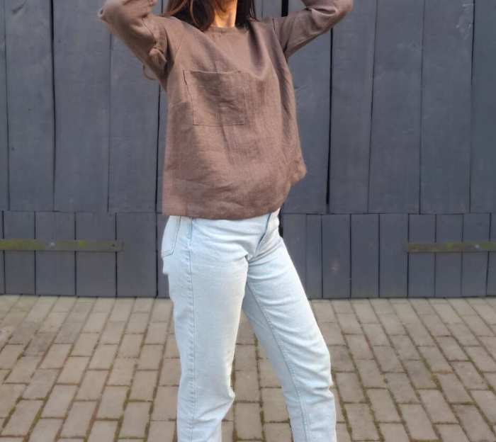 BLUZKA BASIC lniana z kieszonką, czekoladowy BRĄZ