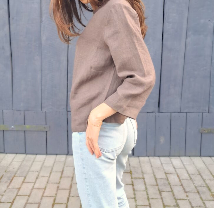 BLUZKA BASIC lniana z kieszonką, czekoladowy BRĄZ