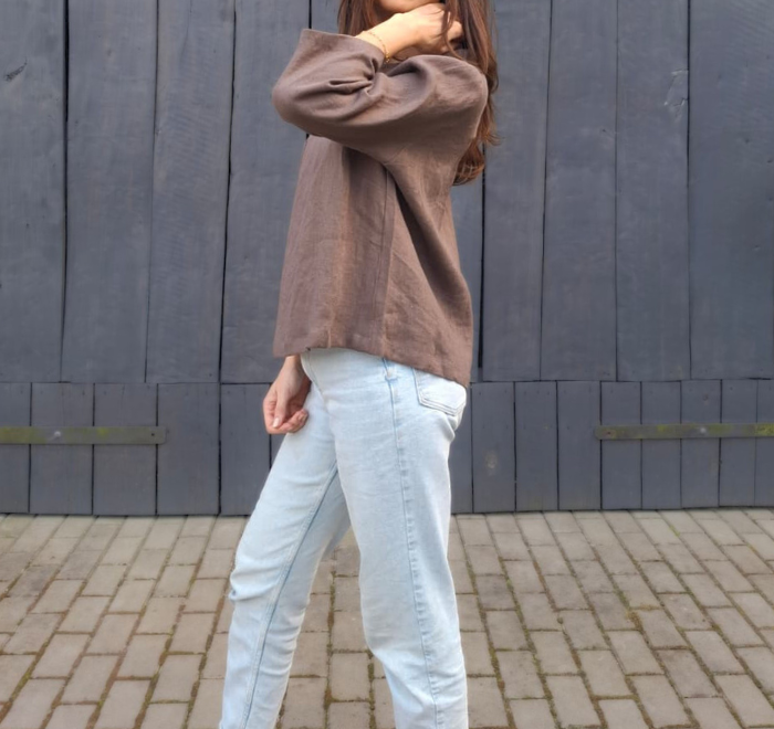 BLUZKA BASIC lniana z kieszonką, czekoladowy BRĄZ