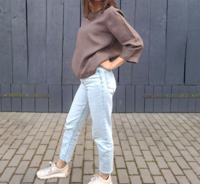 BLUZKA BASIC lniana z kieszonką, czekoladowy BRĄZ