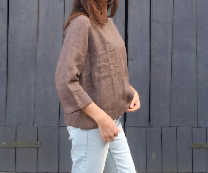 BLUZKA BASIC lniana z kieszonką, czekoladowy BRĄZ