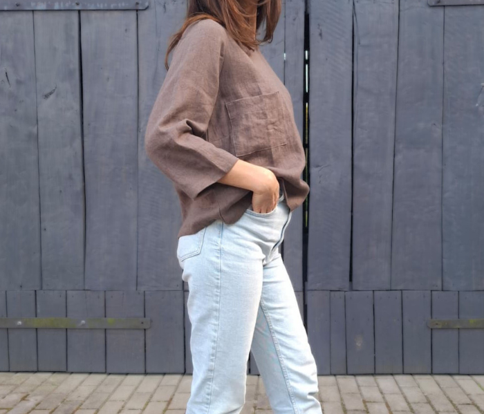 BLUZKA BASIC lniana z kieszonką, czekoladowy BRĄZ
