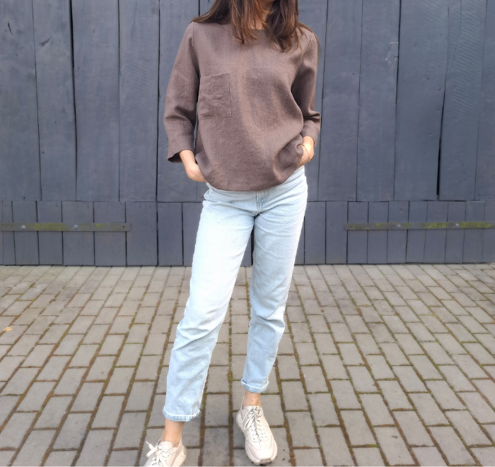 BLUZKA BASIC lniana z kieszonką, czekoladowy BRĄZ