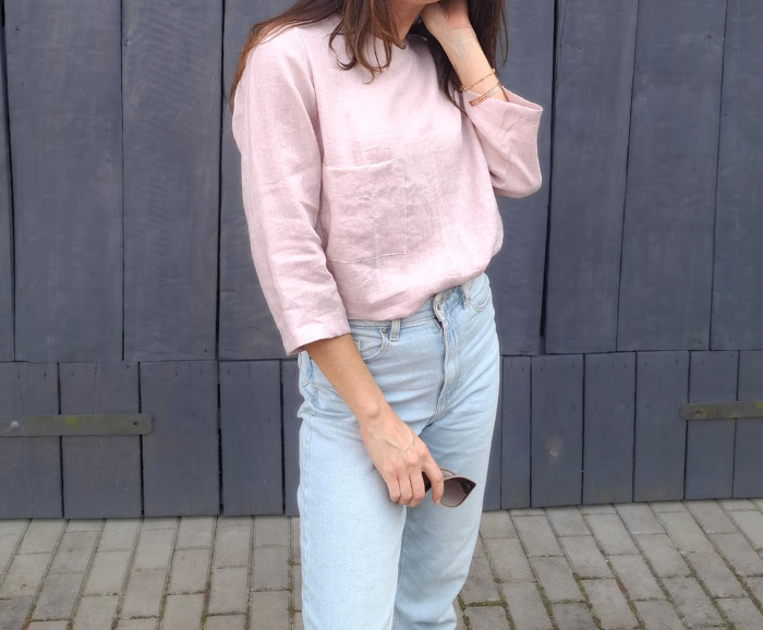 BLUZKA BASIC lniana z kieszonką, mglisty RÓŻ