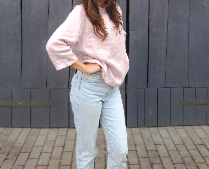 BLUZKA BASIC lniana z kieszonką, mglisty RÓŻ