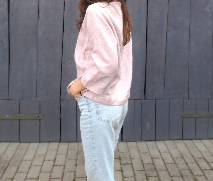 BLUZKA BASIC lniana z kieszonką, mglisty RÓŻ