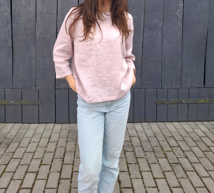 BLUZKA BASIC lniana z kieszonką, mglisty RÓŻ