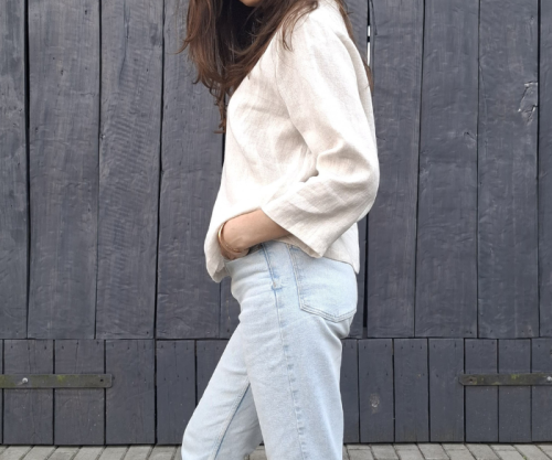 BLUZKA BASIC lniana z kieszonką, naturalna OWSIANKA