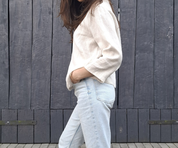 BLUZKA BASIC lniana z kieszonką, naturalna OWSIANKA