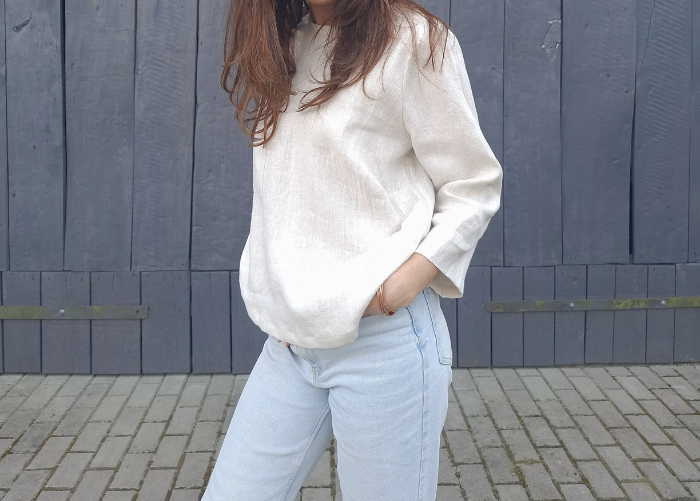 BLUZKA BASIC lniana z kieszonką, naturalna OWSIANKA