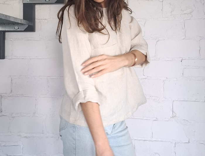 BLUZKA BASIC lniana z kieszonką, naturalna OWSIANKA