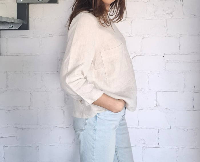 BLUZKA BASIC lniana z kieszonką, naturalna OWSIANKA