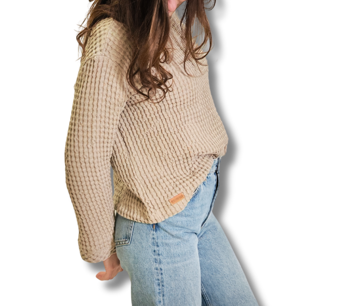 Sweter damski, Bluza z wafelka lniano-bawełnianego - Naturalny S/M