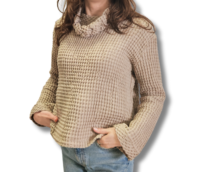 Sweter damski, Bluza z wafelka lniano-bawełnianego - Naturalny S/M