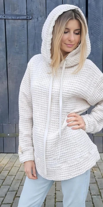 BLUZA lniano-bawełniana Z KAPTUREM, kremowy beż z naturalnym kapturem UNISEX S/M