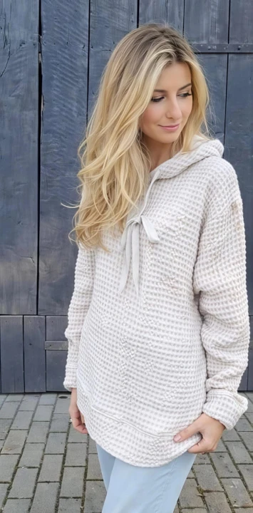 BLUZA lniano-bawełniana Z KAPTUREM, kremowy beż z naturalnym kapturem UNISEX S/M