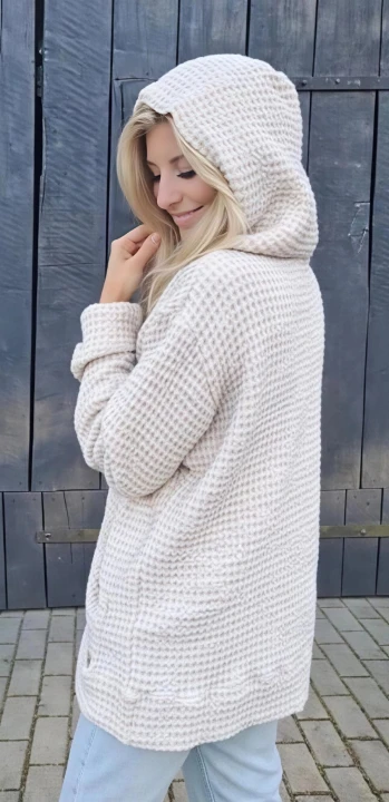 BLUZA lniano-bawełniana Z KAPTUREM, kremowy beż z naturalnym kapturem UNISEX S/M