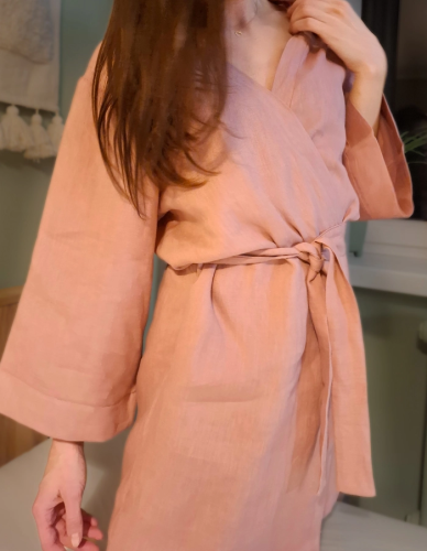 Lniany Szlafrok damski - RÓŻOWY mini